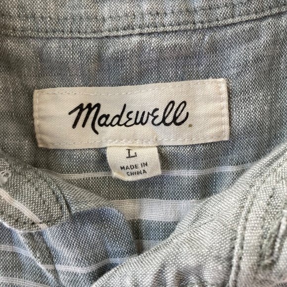 Madewell Mens Large 100% Linen Short Sleeve Button Up Shirt Gray Striped - Picture 3 of 6